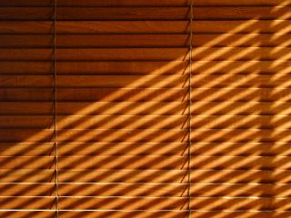 Faux wood blinds adding warmth to a living room window.